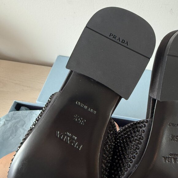 NWT Prada Slide Sandals Black Satin Crystal Embellishment Allover Triangle Logo - Picture 12 of 12